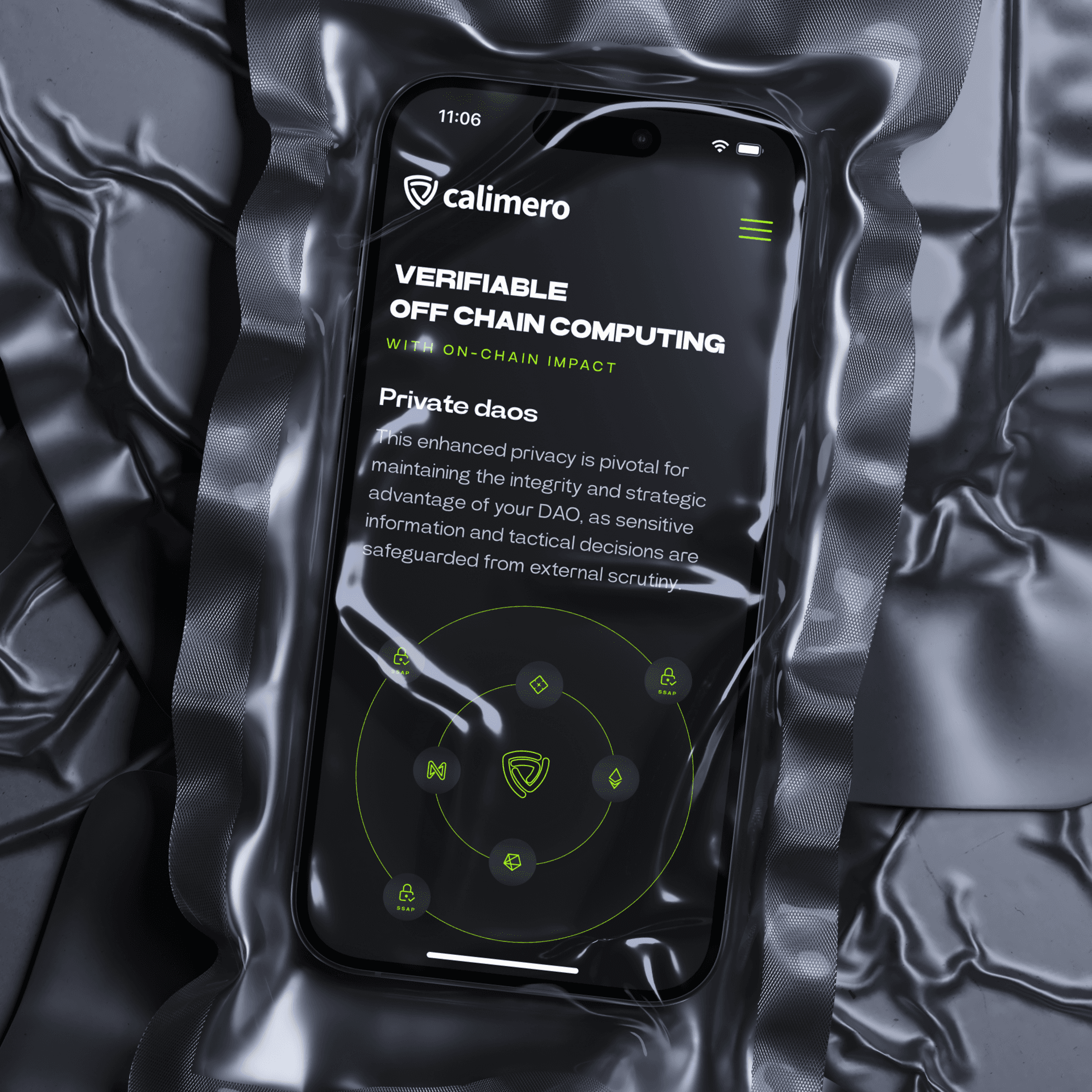 Calimero - Verifiable Off Chain Computing, phone in vacuum bag